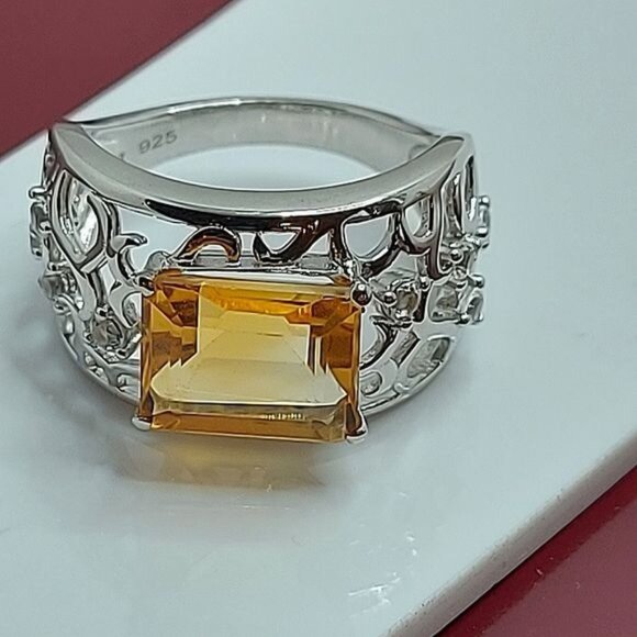 Natural Yellow Citrine‎ 10x8mm & White Topaz 925 Sterling Silver Ring Sz… - Picture 11 of 11
